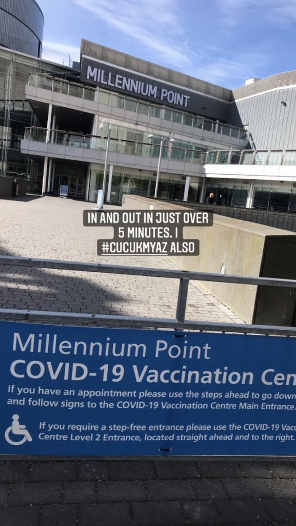 Instagram screenshot of Millenium Point, with a banner stating that this was the Covid-10 Vaccination Centre. There is a caption in the middle of the picture which reads: "In and out in just over 5 minutes. I #CucukMyAz also".